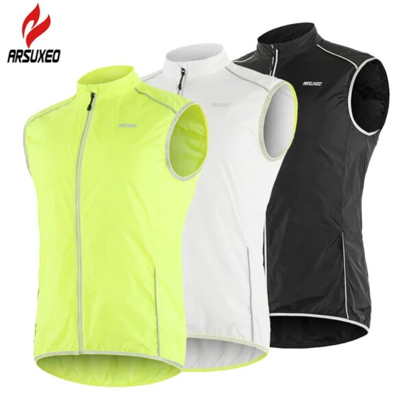 ARSUXEO-Chaleco reflectante para ciclismo para hombre, cortavientos, resistente al viento, para correr, con bolsillo trasero con cremallera, ropa reflectante