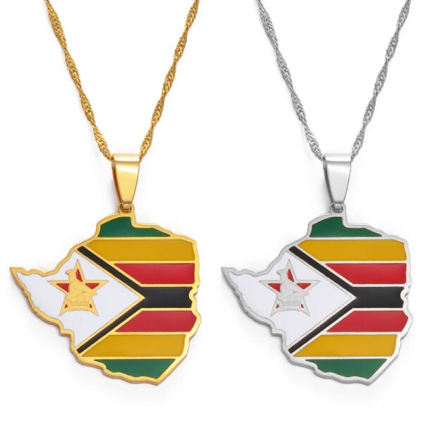 Anniyo-collares con colgante con diseño de bandera de Zimbabue, Color plateado/dorado para mujeres y niñas, cadenas de mapas de Zimbabue de acero inoxidable #154321