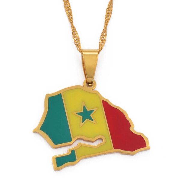 Anniyo Senegal mapa colgante con diseño de bandera collares de cadena joyería de Color dorado mapas de países patriótico senegalés #111921