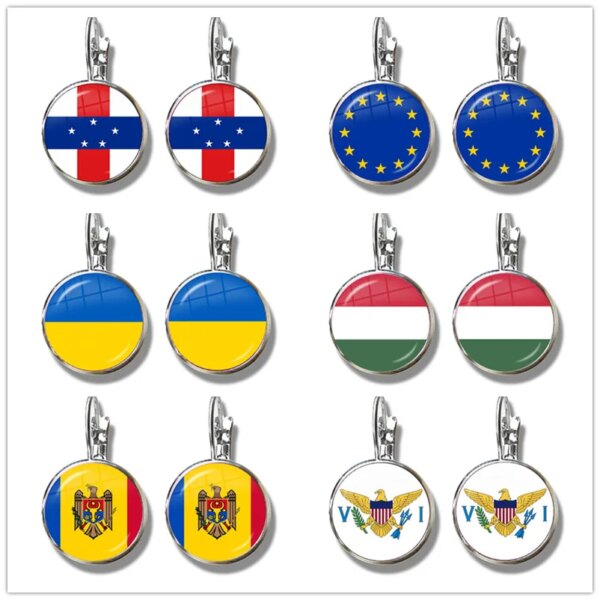 Pendientes de gancho francés con cabujón de cristal con bandera nacional de las Islas Vírgenes de los Estados Unidos, Antillas, Unión Europea, Ucrania, Hungría, Moldavia