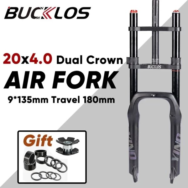 BUCKLOS doble corona 20 pulgadas Ebike bicicleta gruesa horquilla 20*4,0 E-bike suspensión neumática horquilla 180mm viaje playa nieve bicicleta horquilla piezas de bicicleta