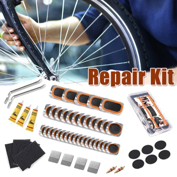 Kit de reparación de neumáticos planos para bicicleta, juego de herramientas para reparación de neumáticos planos de montaña, parche de goma, palanca de pegamento, sellador de parche en frío gratis, herramienta de tubo interior de bicicleta