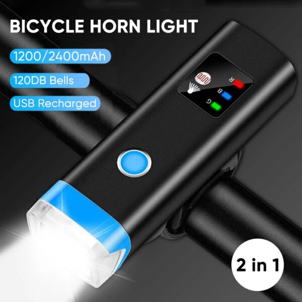 Campana de luz para bicicleta, iluminación LED para bicicleta, 120DB, campanas de bocina para bicicleta, lámpara frontal recargable por USB con linterna de bocina para bicicleta