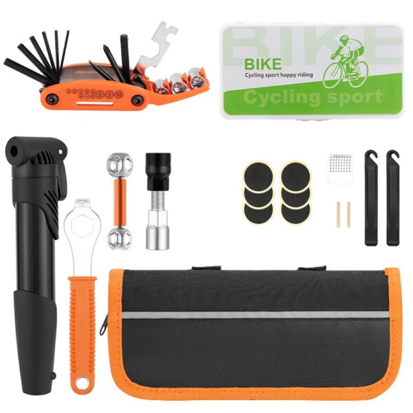 Herramienta de reparación de bicicletas, juegos de herramientas de mantenimiento, Kit de herramientas para bicicleta, bolsa, bomba, llave, neumático de ciclismo, accesorio de reparación de parches