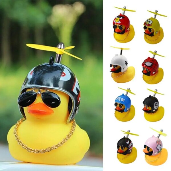 Bonito pato amarillo de goma con casco para bicicleta de niños, decoración bonita, bocinas de pato para bicicleta con casco de hélice, accesorios para ciclismo al aire libre