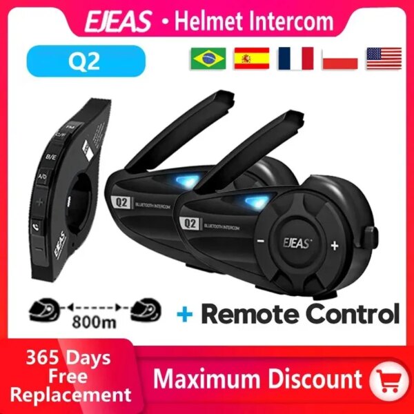 EJEAS Q2 intercomunicador para casco de motocicleta Bluetooth 5,1 auriculares par rápido impermeable hasta 2 conductores interfono inalámbrico