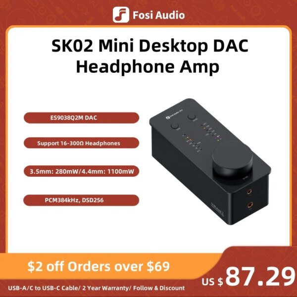 Fosi Audio SK02 DAC amplificador de auriculares preamplificador compatible con DSD 256 PCM para auriculares equilibrados de 3,5 MM y 4,4 MM