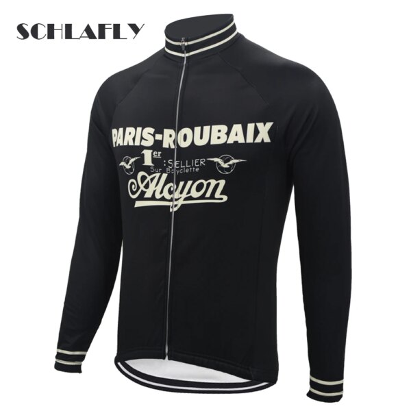 Francia paris-roubaix hombres negro ciclismo jersey manga larga retro bicicleta invierno polar lana sin forro polar ropa de bicicleta schlafly