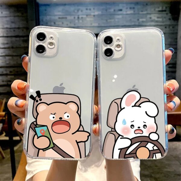 Funda de teléfono divertida para parejas de amantes de los osos y conejitos para iPhone 15 12 11 14 13 Pro Max Mini XS X XR 8 Plus SE, carcasa transparente suave emparejada