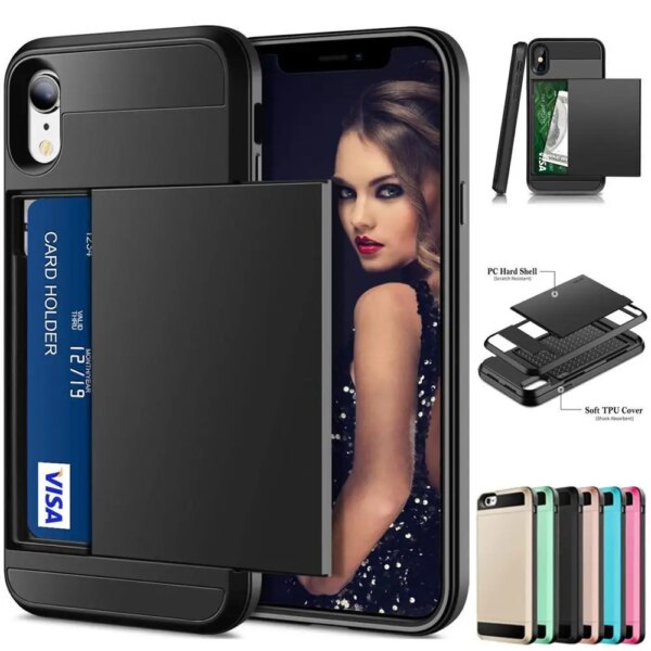 Funda armadura híbrida para iPhone 8 7 6 6S Plus funda tipo billetera con tarjetero cubierta de parachoques de goma a prueba de golpes para iPhone X 10 6 6S