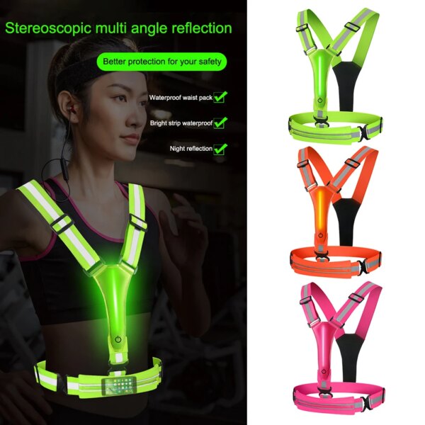 Chaleco reflectante LED Chaleco para correr iluminado Chaleco de seguridad reflectante de alta visibilidad 3 modos de luz con bolsa para teléfono para mujeres, hombres y niños