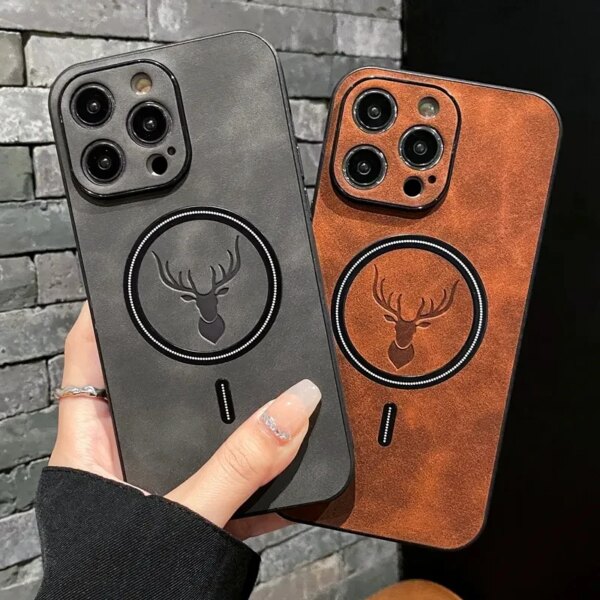 Funda magnética de piel con cabeza de venado de lujo para iPhone, funda de carga inalámbrica para iPhone 15, 14, 13, 12, 11 Pro Max, XS, Max, XR, X