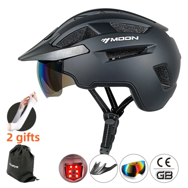 Casco de bicicleta LED MOON con visera para hombre, casco de bicicleta LED recargable, gafas de sol, escudo, cascos de ciclismo de montaña y carretera