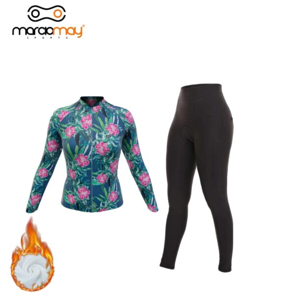 Marciomay-Conjunto de manga larga de lana térmica para mujer, Jersey de ciclismo, ropa deportiva transpirable con estampado Floral, color negro