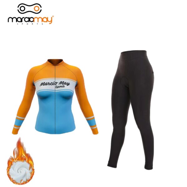 Marciomay-Conjunto de Jersey de ciclismo de manga larga para mujer, ropa térmica de lana térmica, color azul, camiseta transpirable para bicicleta de carretera, ropa deportiva