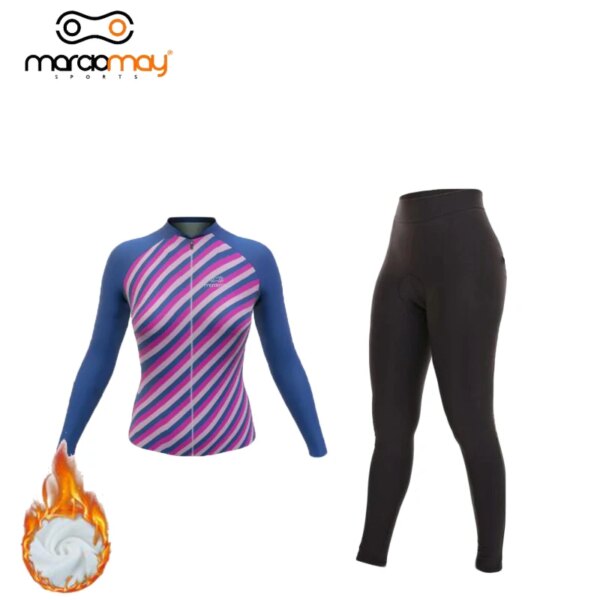 Marciomay Invierno Polar térmico mujer púrpura manga larga ciclismo Jersey conjunto transpirable camiseta para bicicleta de montaña ropa deportiva