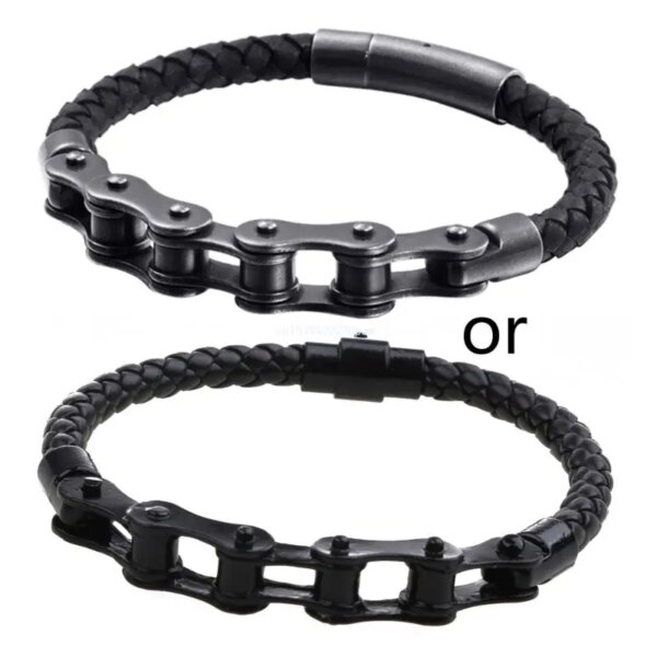 Pulsera de cuero trenzado para hombre, pulsera de cadena mecánica para bicicletas Punk, pulsera de eslabones de una sola capa, joyería de moda