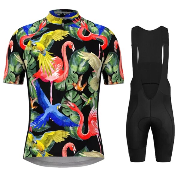 Conjunto de Jersey de Ciclismo con estampado de flamenco Tropical Hawaiano para hombre, Ropa de Ciclismo de manga corta, Ropa de Ciclismo MTB, pantalón con pechera, Ropa de bicicleta
