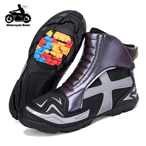 Botas de moto para hombre, zapatos de ciclismo, zapatillas de carreras de carretera anticaída de alta calidad, botas de cuero de cambio de marchas protectoras de conducción larga, color negro