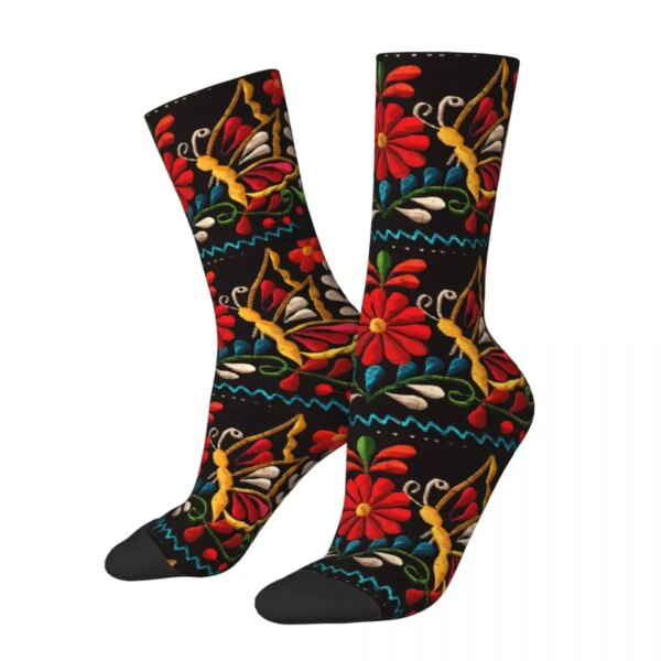 Calcetines de invierno unisex con estampado de flores mexicanas, calcetines felices para ciclismo, calcetines locos de estilo callejero