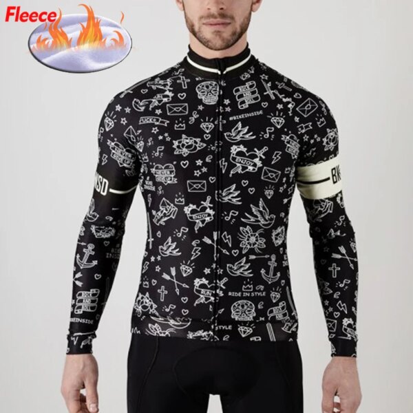 Nuevo tatuaje invierno polar ciclismo Jersey manga larga negro bicicleta ropa delgada