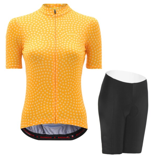 NWE-camisetas de ciclismo amarillas para mujer, ropa de bicicleta con patrón de puntos de manga corta, conjuntos de ropa de bicicleta con almohadilla de Gel