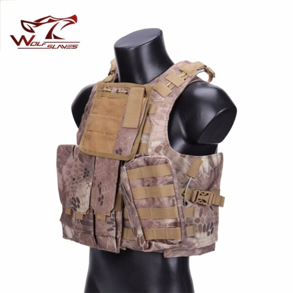 Chaleco táctico CS para exteriores, chaleco portador de placa de asalto de combate Airsoft militar USMC FSBE MOLLE de camuflaje con 3 bolsas para revistas