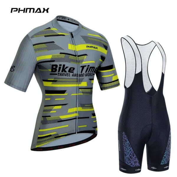 PHMAX-Conjunto de Jersey de ciclismo con patrón de bloques de píxeles para hombre, ropa de ciclismo de carreras de manga corta con almohadilla de esponja, verano