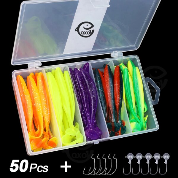 QXO 60 unids/caja de señuelos blandos de silicona con anzuelos de cabeza de pez en una caja, cebo Artificial, aparejos de pesca, productos para accesorios de pesca