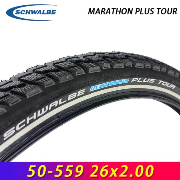 SCHWALBE MARATHON PLUS TOUR Neumático de bicicleta con cable réflex negro 26 pulgadas 50-559 26x2,00 MTB todoterreno viaje bicicleta de montaña pieza de ciclismo