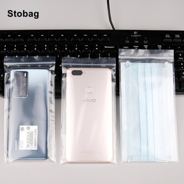 StoBag-bolsas Ziplock autosellantes de plástico transparente, pequeña bolsa gruesa impermeable sellada, máscara para teléfono móvil, logotipo al por mayor