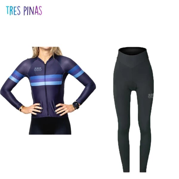 Trespinas Conjunto de Jersey de Ciclismo de Manga Larga Azul, Camisetas de Ciclismo de Secado rápido para Mujer, Ropa de Jersey de MTB con Bolsillos