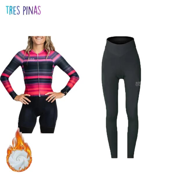 Trespinas invierno térmico polar negro/rojo conjunto de manga larga ciclismo Jersey transpirable mujeres montaña bicicleta de carretera ropa deportiva