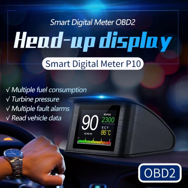 Sistema inteligente Universal Digital HUD para coche, pantalla frontal P10, pantalla frontal OBD2, accesorios para vehículos, reloj despertador de exceso de velocidad