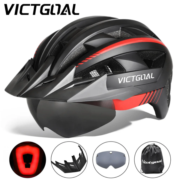 VICTGOAL-casco de bicicleta con visera, gafas para hombre y mujer, casco de ciclismo con luz trasera, lente magnética, cascos de Bicicleta de montaña y carretera