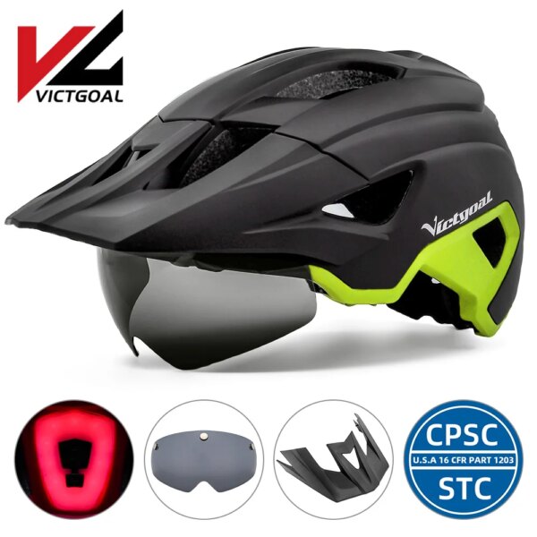 VICTGOAL-casco de bicicleta LED con visera para hombre, casco de bicicleta recargable, gafas de sol, escudo, cascos de ciclismo de montaña y carretera