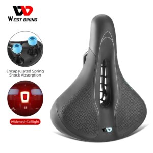 WEST BIKING-sillín de bicicleta de alta elasticidad, absorción de impacto, cojín para bicicleta de montaña y carretera, asiento de bicicleta ergonómico impermeable de PU con luz trasera