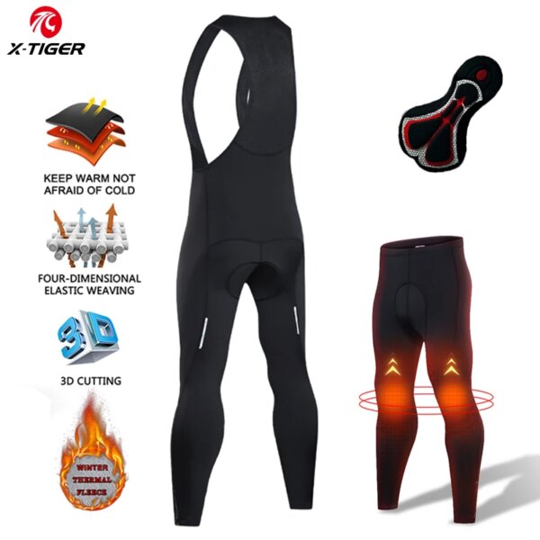 X-TIGER de lana para hombre, pantalones con tirantes de ciclismo, tira reflectante con cremallera, mallas térmicas para bicicleta de montaña, pantalones con almohadilla de esponja 5D