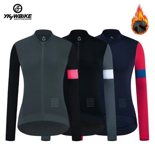 YKYWBIKE Ropa de ciclismo cálida de lana para invierno, camiseta de manga larga para mujer, chaqueta de Ciclismo de Carretera