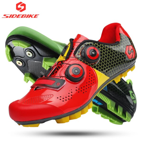 Zapatos de ciclismo sidebike, zapatos de bicicleta de montaña de carbono para hombre, MTB, carreras atléticas con bloqueo automático, ultraligeros, transpirables, resistentes al desgaste, Rojo